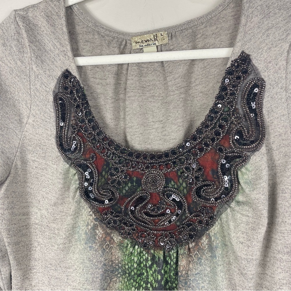 One World Blouse Womens Large Shirt Scoop Neck Embellished Beaded Tan Blouse - Picture 3 of 7